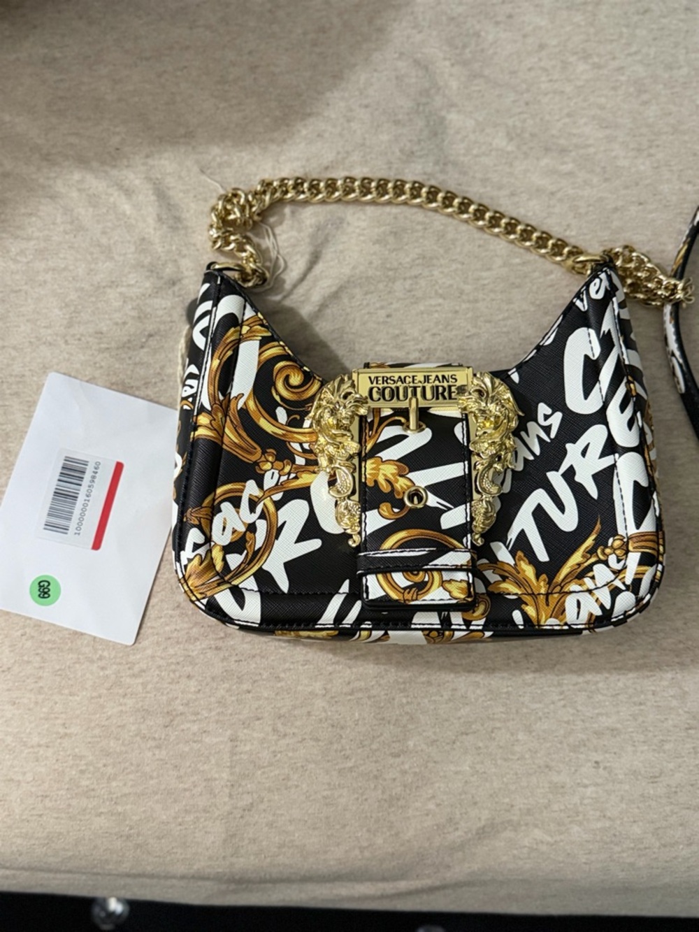Versace Jeans Couture Black, White & Gold Baroque Script Shoulder Bag